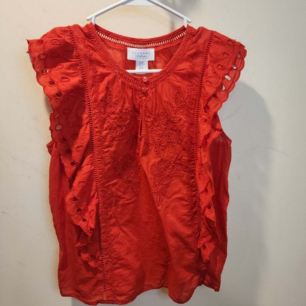 Calypso St. Barth Red Eyelet-Trim Blouse Sz M